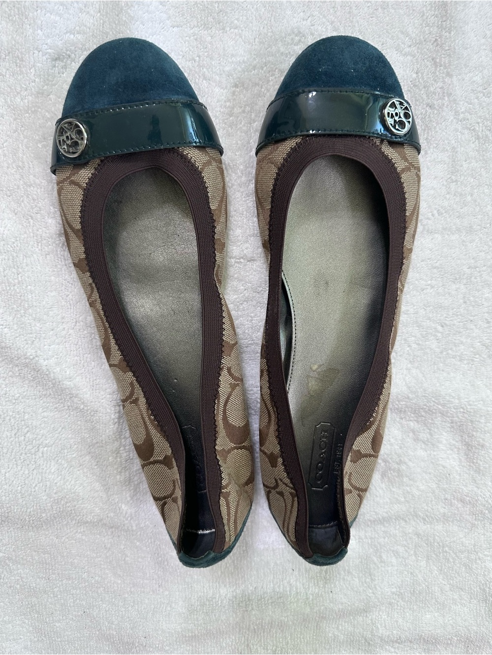 Coach Brown Signature Canvas Flats with Dark Green Cap-Toe